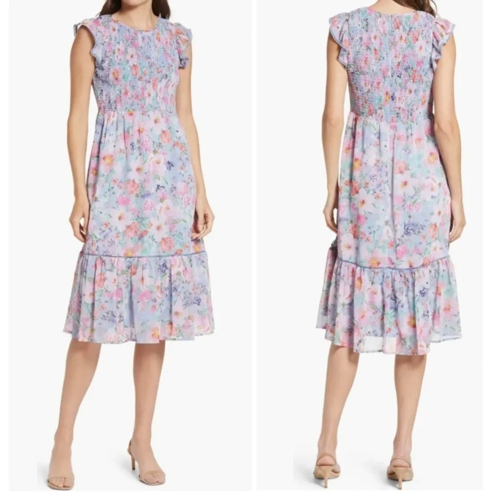 Lost + Wander Floral Midi Dress Women S Blue Pink Smocked Tiered Ruffle Boho